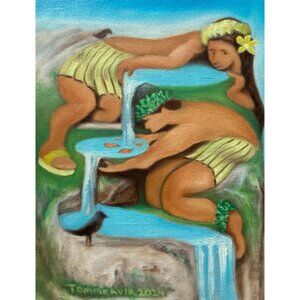 Tommervik Original Tropical Hawaiian Woman Fountain Painting Koi Fish | 12" x 9"